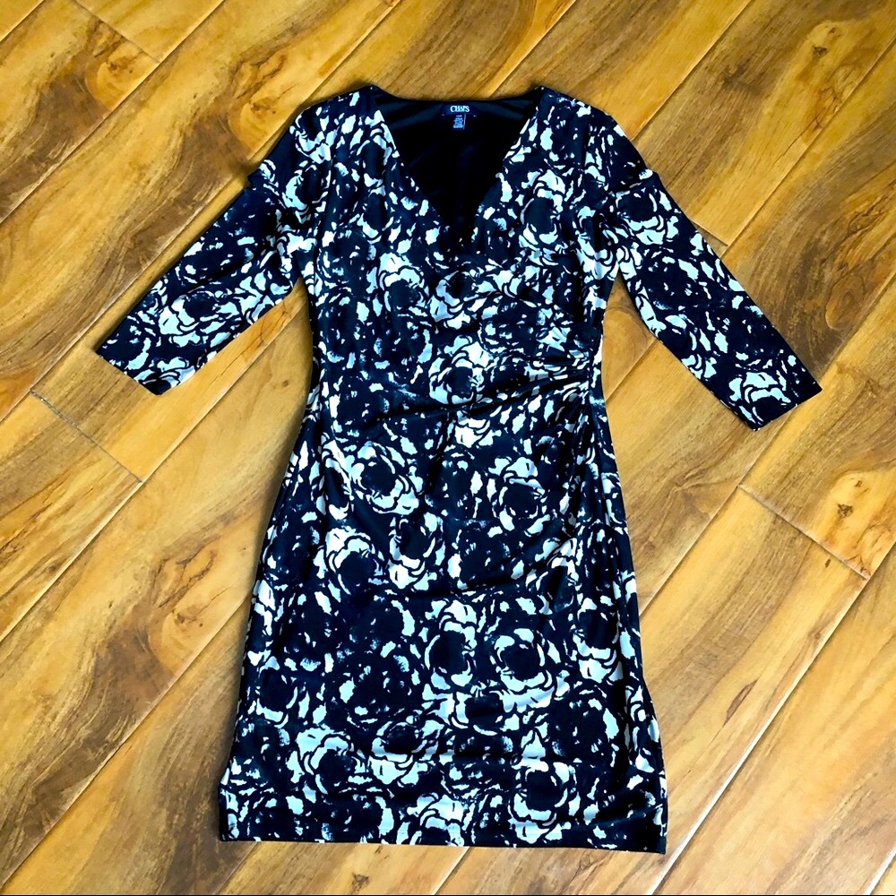 Chaps faux-wrap floral black and white dress